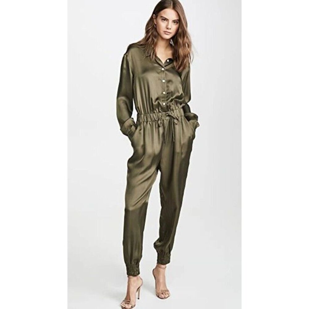 CINQ À SEPTJoyce Long-sleeve Button-front Jogger Jumpsuit In Tan‎